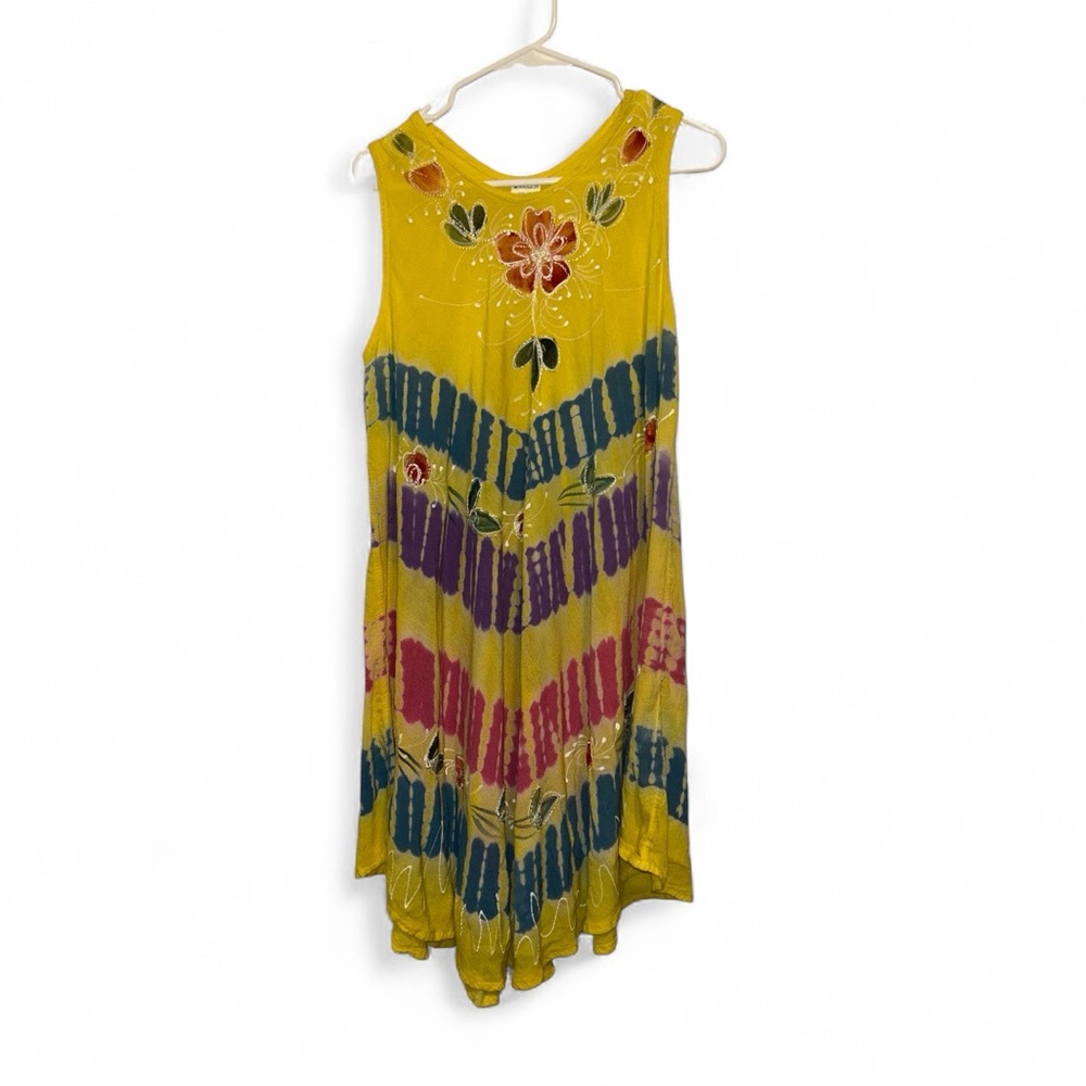 Yellow Tie Dye Hippie Boho Festival Coverup Dress - Medium